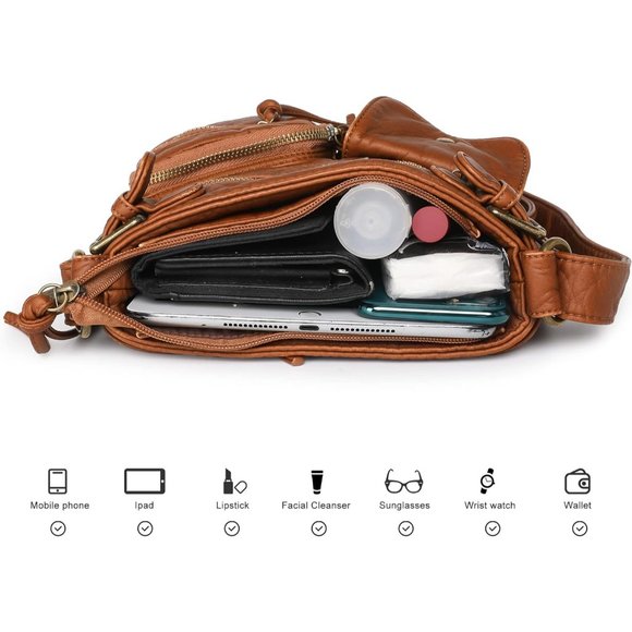 Womens Camel Leather Multi Pocket Shoulder Purses - Picture 6 of 6